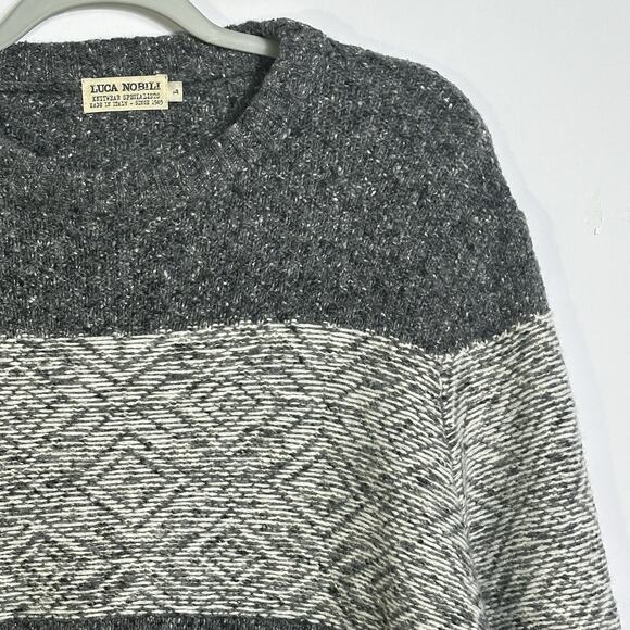 Luca Nobili Sweater Large Gray Wool Blend Crewneck Geometric Knit Made in Italy - Picture 5 of 10